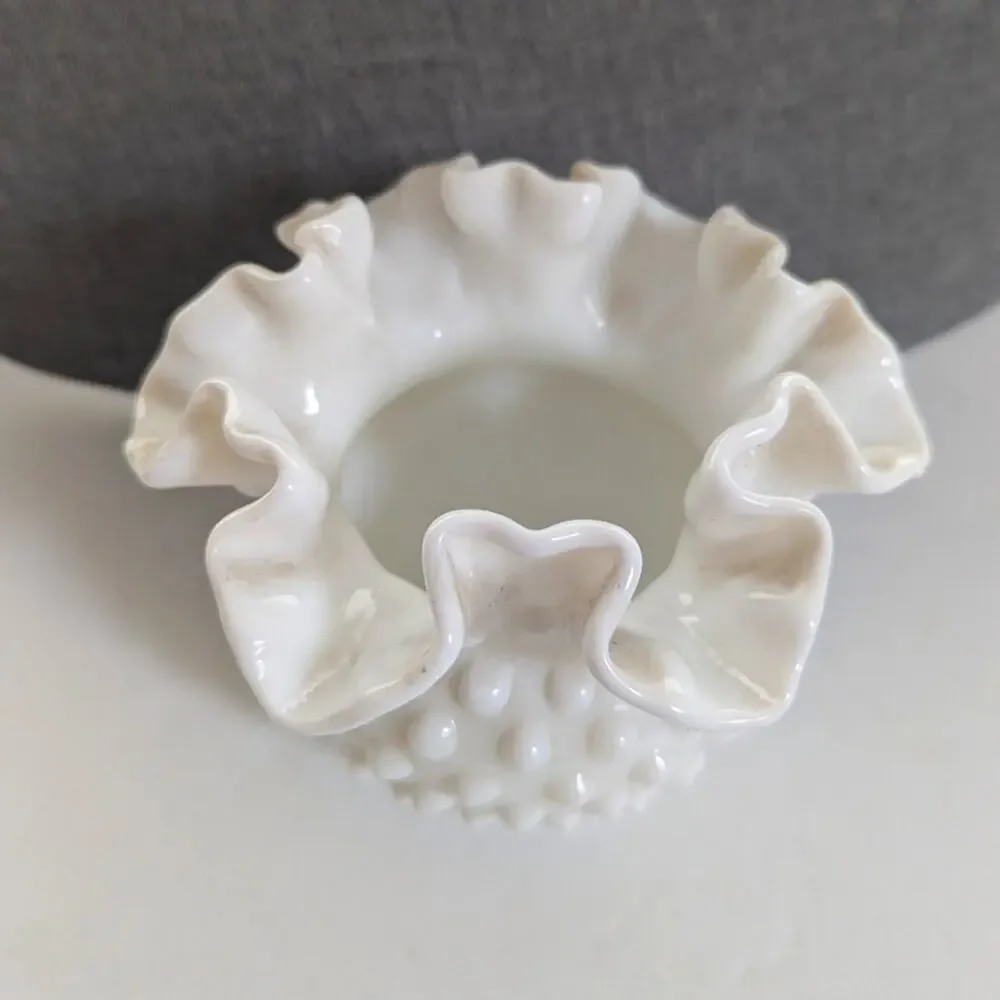 Vintage Fenton Art Milk Glass Cupped  Double Crimped Hobnail Planter Vase